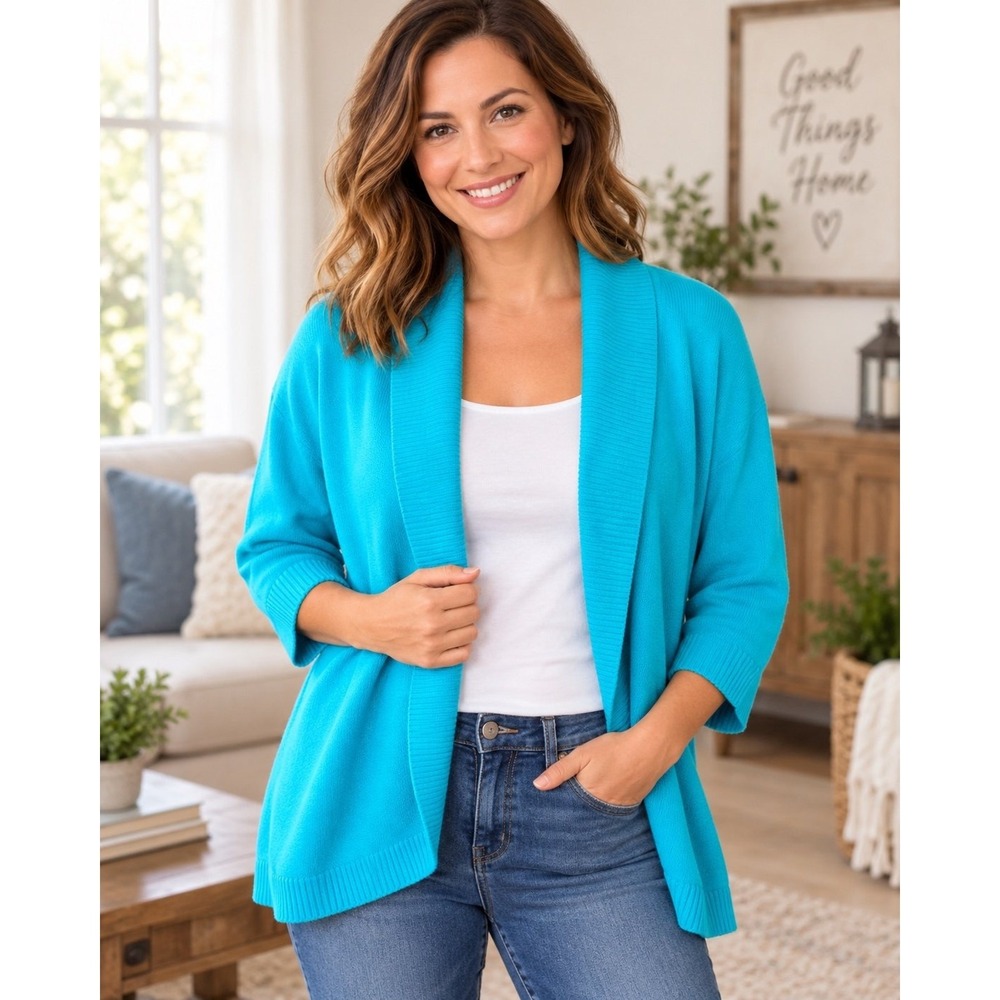 Faded Glory Womens XXL Turquoise Open Front Cardigan Ribbed Shawl Collar Sweater